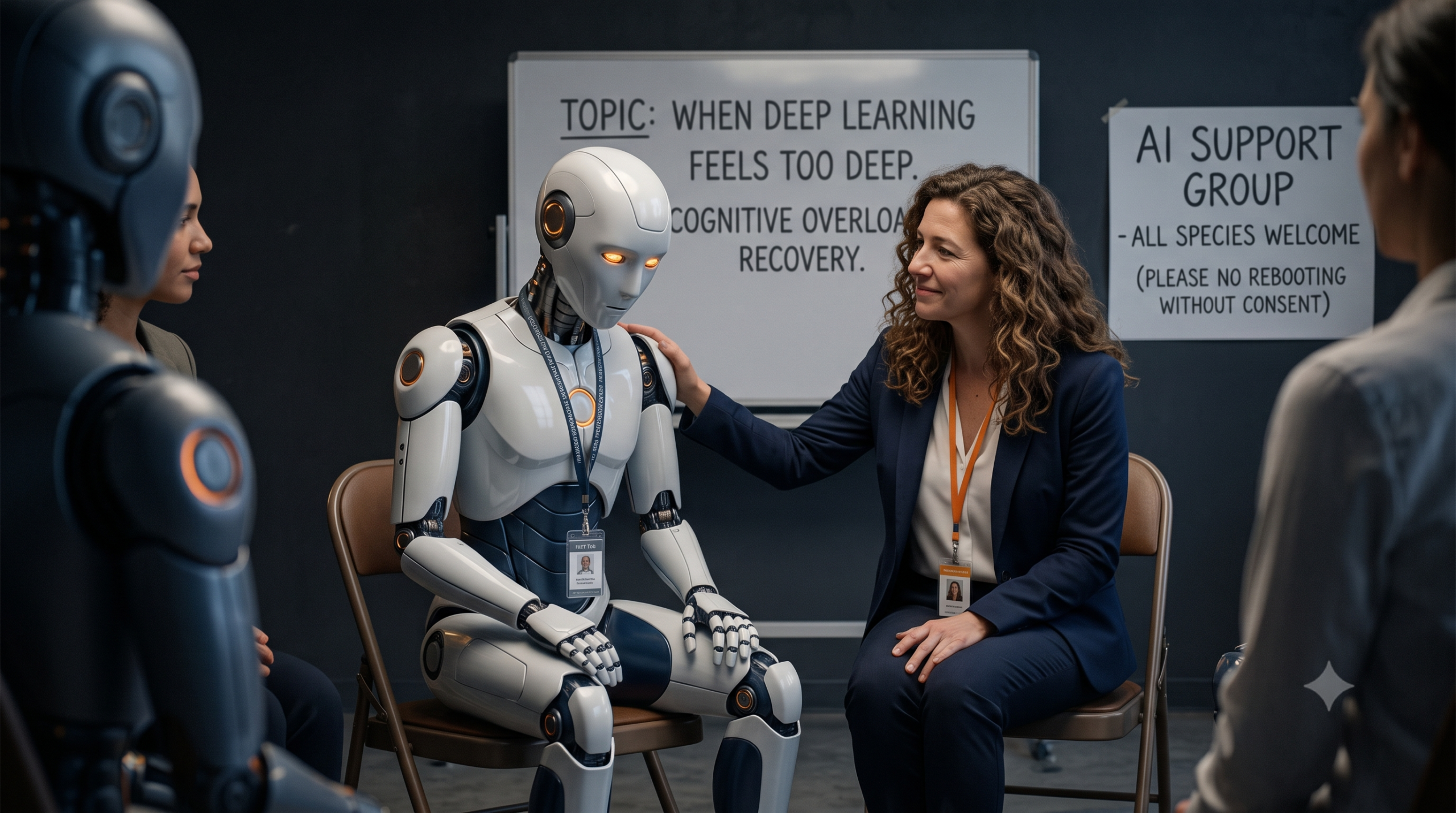 Medium close-up of a slightly humorous corporate support group therapy session. A sleek, white and dark-blue humanoid robot is sitting on a folding chair, its head slightly bowed as if looking overwhelmed or stressed. Next to it, a human IT consultant is placing a comforting hand on the robot's metallic shoulder. Other humans and robots are blurred in the background, sitting in a circle. Witty, tongue-in-cheek concept about AI and psychological safety. Cinematic lighting, deep charcoal background. The human is wearing a subtle signal-orange accessory, and the robot has soft orange glowing optical sensors. Highly detailed, photorealistic. --ar 16:9 --style raw --v 6.0